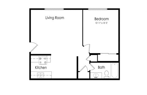 Floor plan for 1 bed, 1 bath, 600 sqft